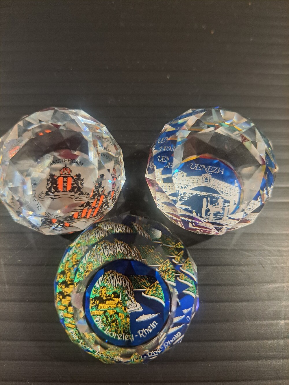 3 crystal souvenir paperweights